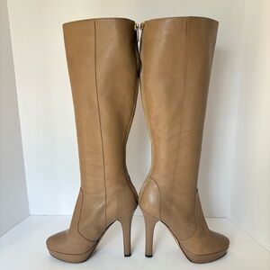 Jimmy Choo High Heel Platform Knee Boots Beige Leather Size 37.5